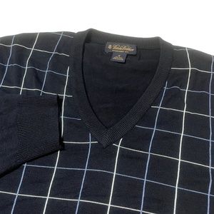 Brooks Brothers Medium Blue Plaid Silk Cotton‎ V-Neck Sweater
